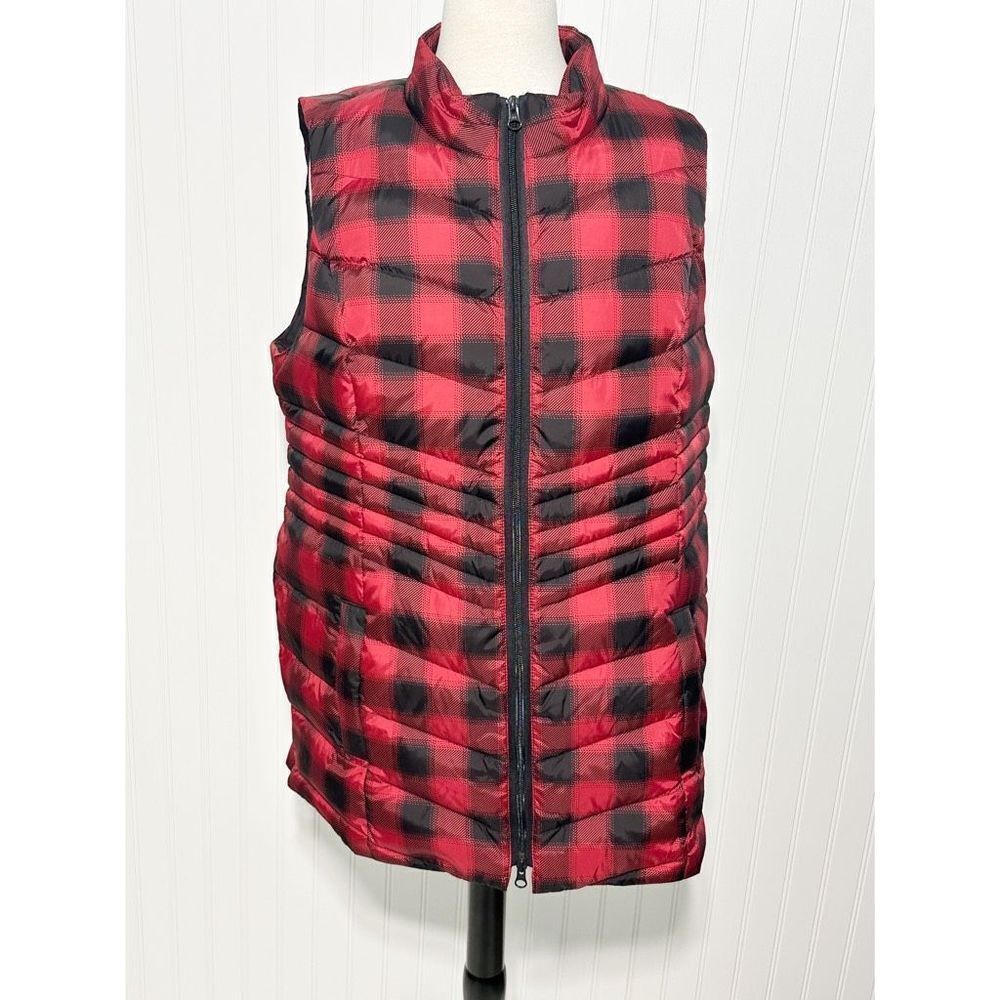 J.Jill Buffalo Plaid Quilted Down‎ Puffer Vest Zip Up Red Black Women’s Large